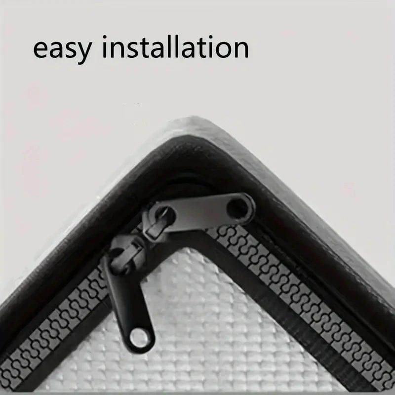Close-up of a black zipper on the Portable Pet Cooling House by KittyNook Cat Co., showing easy installation and comfort.
