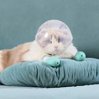 Thumbnail for A cat in the Calm Cat Transparent Protective Visor by KittyNook Cat Co. relaxes calmly on a teal cushion, anxiety-free.