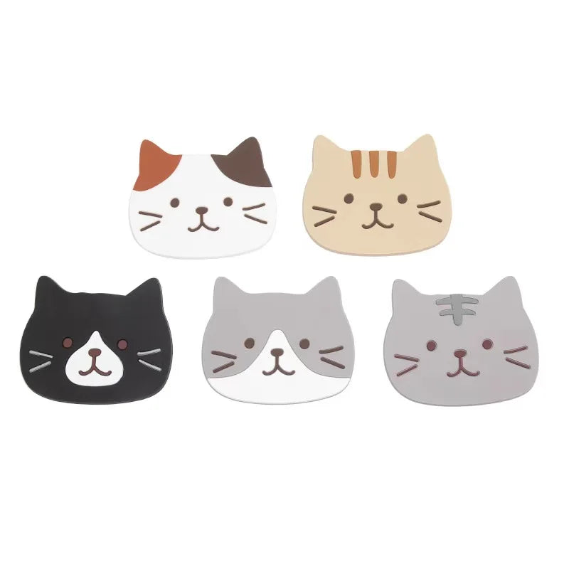 KittyNook Cat Co. Cat Silicone Cup Coaster Mats—colorful, non-slip, perfect for any surface. Set of 5.