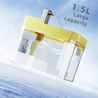 Thumbnail for KittyNook Cat Co. Transparent Cat Water Fountain with Auto Filter, 1.5L yellow-lid tank pours water below.
