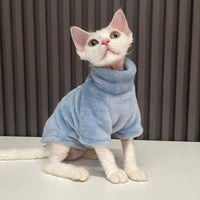 Thumbnail for A hairless kitten in a KittyNook Cat Co. Warm Winter Hoodie sits on a white surface, gazing up.