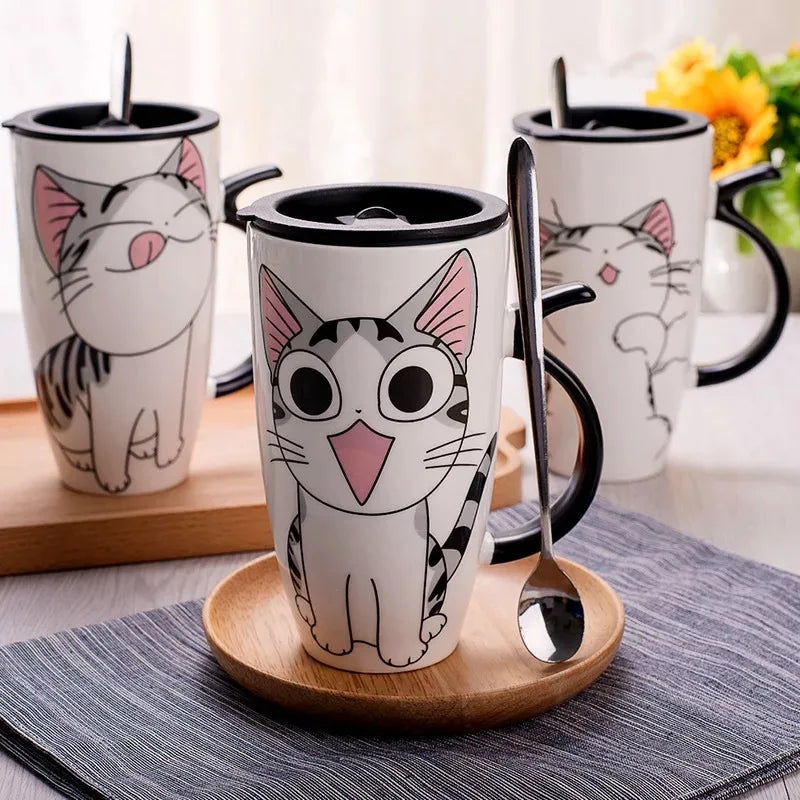 Three Large 600ml Funny Kitty Gift Mugs by KittyNook Cat Co.—cute cat faces, spoons, purrfect cat lover gift!.