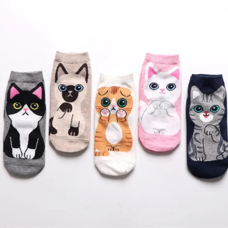 Charming Kitties Women’s Cute Ankle Socks Set by KittyNook Cat Co. shows five colorful cat designs in a row.