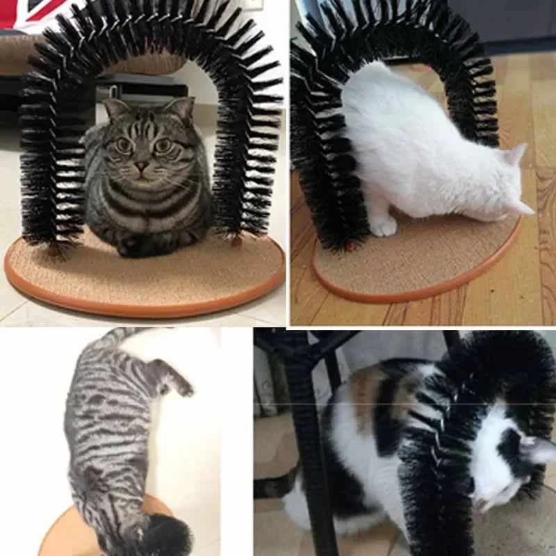 Four cats enjoy fur removal and fun with KittyNook Cat Co.'s 3-in-1 Cat Self-Grooming Arch Toy on a wooden base.