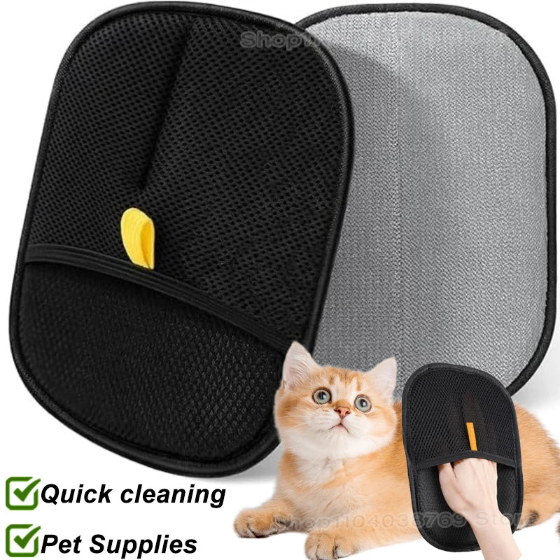 A tan kitten sits by KittyNook Pet Hair Removal Mitts, labeled "Quick cleaning" and "Pet Supplies.