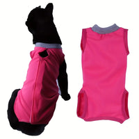 Thumbnail for A black dog models the KittyNook Cat Co. Cat Neutering Recovery Suit, sleeveless pink, back view to show design.
