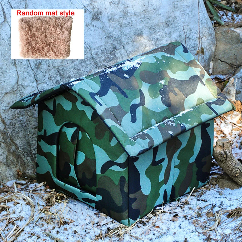 KittyNook Cat Co.'s PurrFort Waterproof Outdoor Cat Cave in camo rests on snow; furry mat style shown inset.