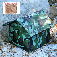 Thumbnail for KittyNook Cat Co.'s PurrFort Waterproof Outdoor Cat Cave in camo rests on snow; furry mat style shown inset.