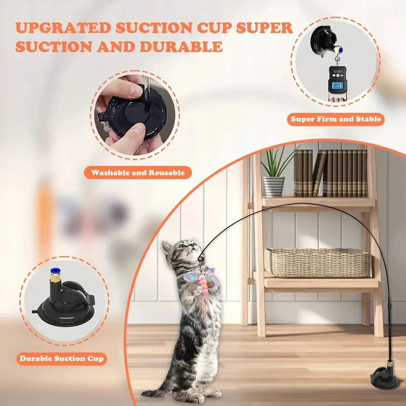Gray tabby kitten plays with KittyNook Cat Co. Ultimate Cat Teaser Toy; insets show suction cup and shelf use.