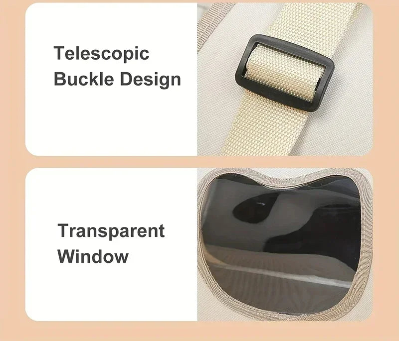Close-up of telescopic buckle on KittyNook Cat Co. Premium Foldable Small Cat Carrying Bag with transparent window.