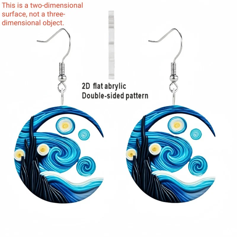 KittyNook Cat Co. Van Gogh Starry Night Black Cat acrylic earrings, double-sided 2D art-inspired jewelry.