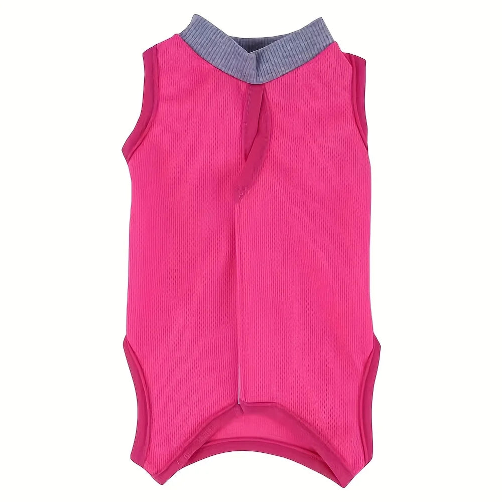 Sleeveless pink Cat Neutering Recovery Suit by KittyNook Cat Co., gray collar, front view on white background.