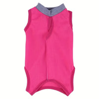Thumbnail for Sleeveless pink Cat Neutering Recovery Suit by KittyNook Cat Co., gray collar, front view on white background.