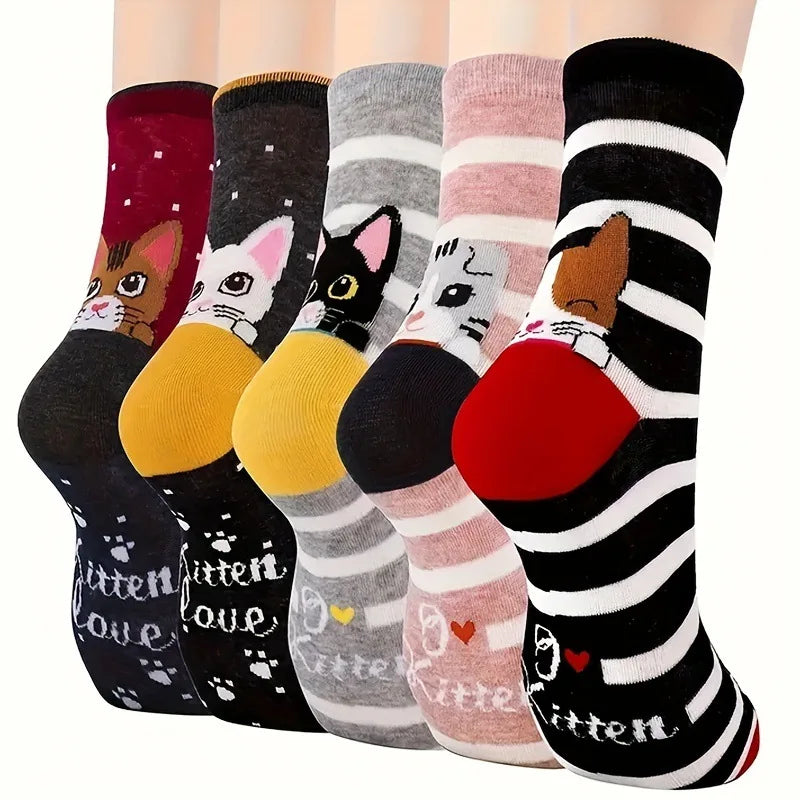 The KittyNook Cat Co. Cute Meow & Snuggle Women's Sock Set features five pairs with unique cat faces and patterns.