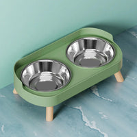 Thumbnail for The Dopamine DuoLift Colorful Cat Feeder by KittyNook Cat Co. with stainless bowls on a blue marble floor.
