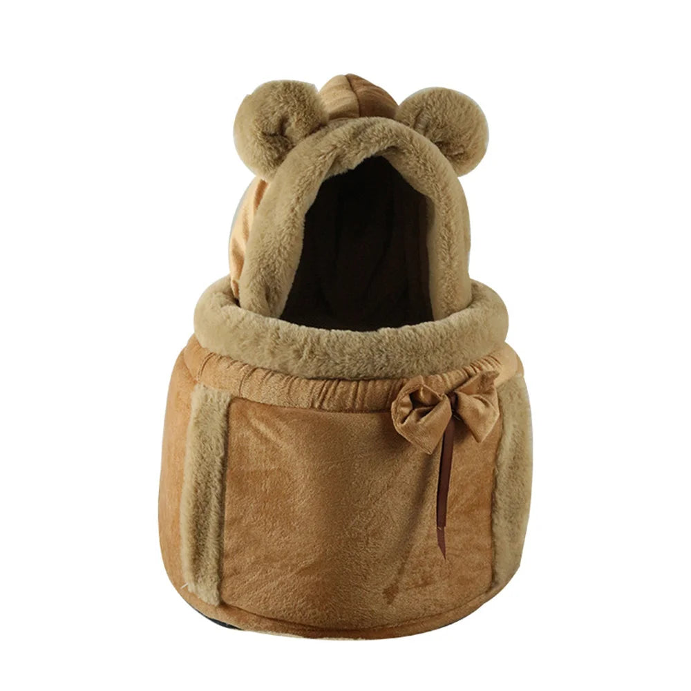 The Stylish Pet Travel Bag by KittyNook Cat Co.—a brown plush bed with hood, bear ears, bow, and hands-free carrier.