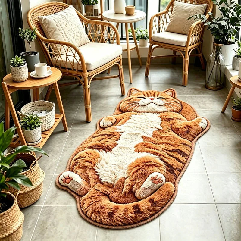 Cute Cat Shaped Rug, a plush ginger cat sleeping on its back.
