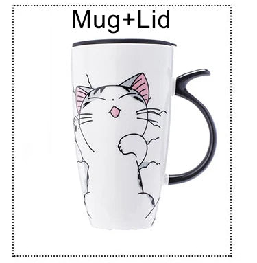 KittyNook Cat Co.'s Large 600ml Funny Kitty Gift Mug—white, with lid, cartoon cat, and black handle.