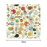 Thumbnail for Cartoon animals, fruits, and objects doodle the yellow square backdrop—playful KittyNook Cat Burrito Grooming Wrap art.