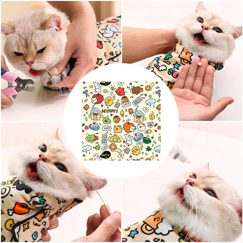 Five images show the KittyNook Cat Co. Burrito Wrap in use for nail trimming and ear cleaning, with cartoon designs.