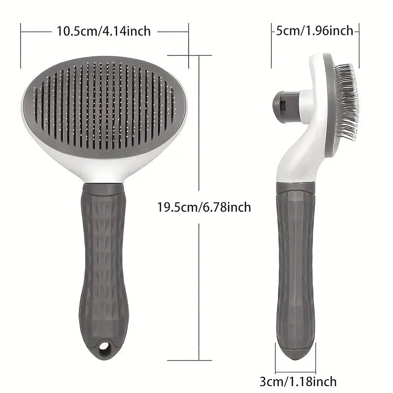 KittyNook Cat Co. Pet Grooming Brush with self-cleaning design shown front/side; dimensions in cm and inches labeled.