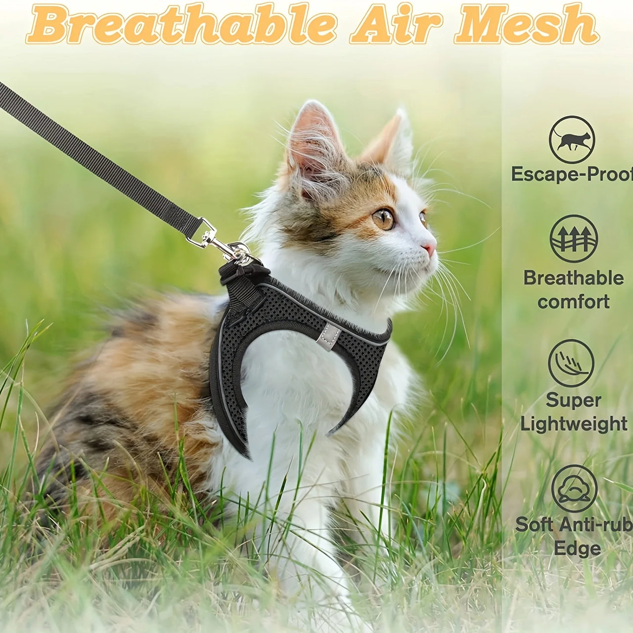 A cat wears KittyNook Cat Co.'s Ultimate Escape-Proof Harness & Lead Set on grass, with icons for breathable, lightweight safety.