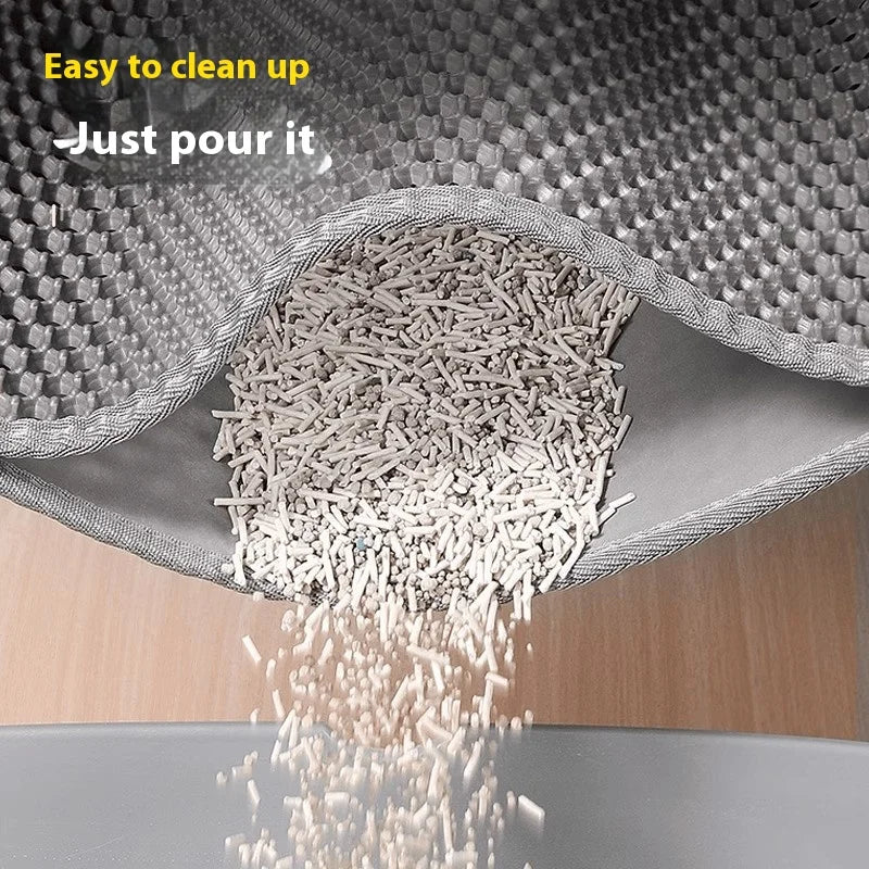 KittyNook Cat Co. Non-Slip Dual Layer Litter Trapper pours pellets for easy cleanup—just pour it out and clean.