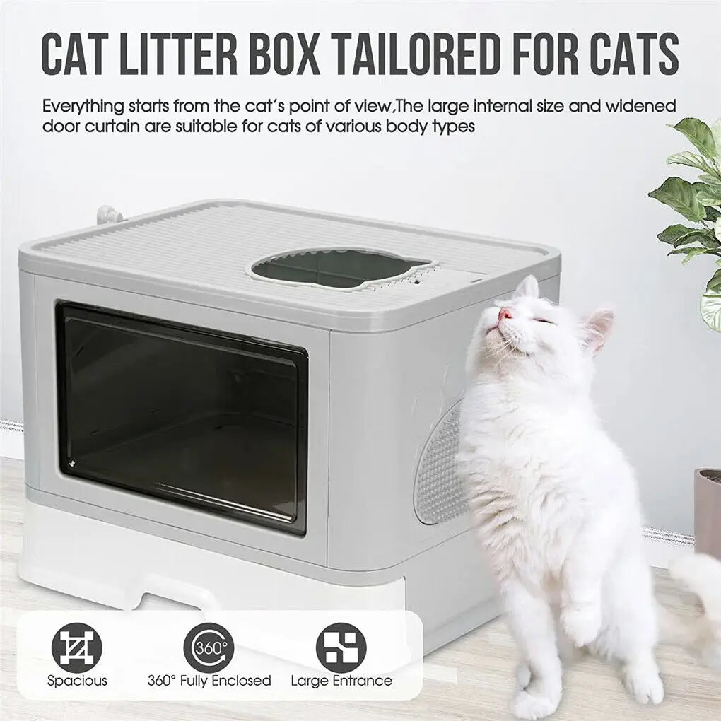 White cat rubs its head on the KittyNook Cat Co. Purrfect Foldable Litter Solution with top entrance and front window.