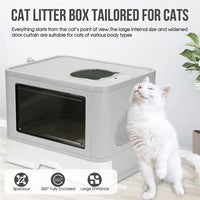 Thumbnail for White cat rubs its head on the KittyNook Cat Co. Purrfect Foldable Litter Solution with top entrance and front window.