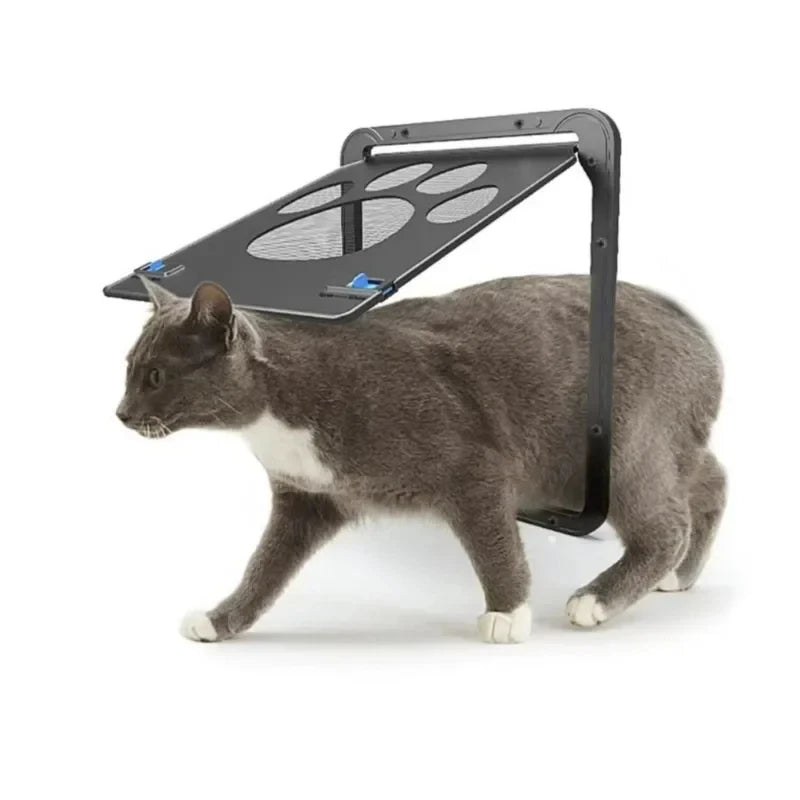 Gray and white cat uses KittyNook Cat Co. Magnetic Lockable Pet Screen Door with paw flap on plain white background.