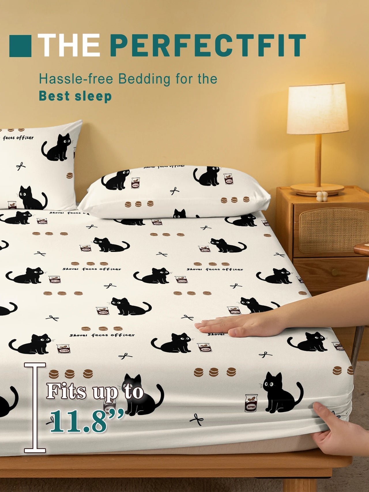 KittyNook Cat Co. Cozy Cat Design Fitted Sheet fits mattresses up to 11.8" deep for a comfy bedroom touch.