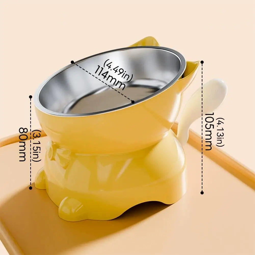 Yellow cat-shaped Elevated Cat Food Bowl with Cute Ear Stand, featuring a stainless steel insert with dimension labels.