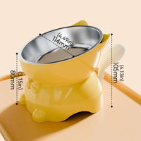 Thumbnail for Yellow cat-shaped Elevated Cat Food Bowl with Cute Ear Stand, featuring a stainless steel insert with dimension labels.