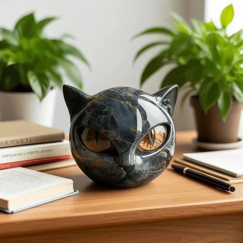 The Eternal Cat Spirit Keepsake by KittyNook Cat Co. sits elegantly on a desk amid books, pens, and green plants.