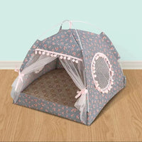 Thumbnail for The KittyNook Cat Co. Serene Petal Indoor Cat Tent features mesh windows, sheer curtains, and a soft mat for cozy comfort.
