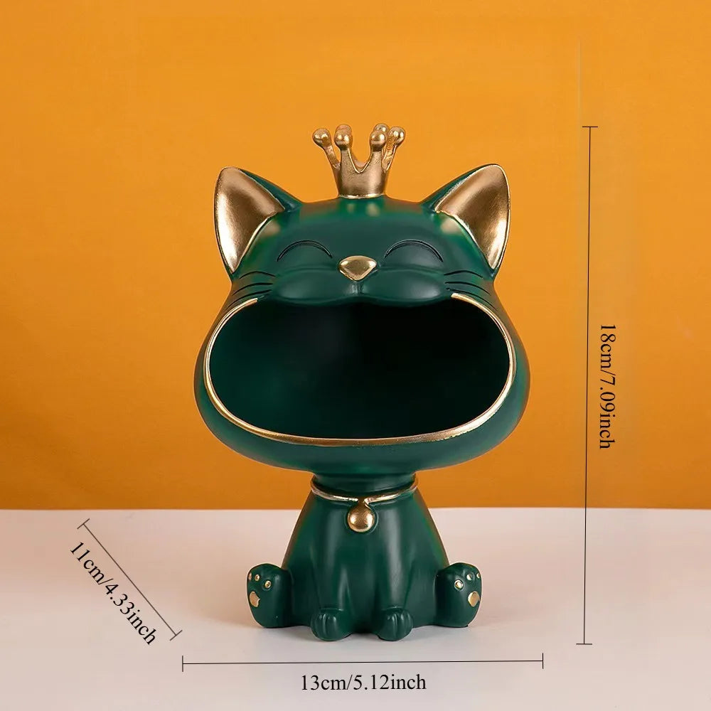 The KittyNook Cat Co. Creative Cat Key Box is green with a gold crown, open mouth, and shown with measurements.
