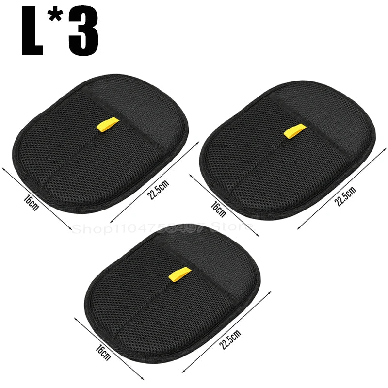 Set of 3 KittyNook black mesh pet hair mitts with yellow tags, ideal for furniture, bedding & car seats.