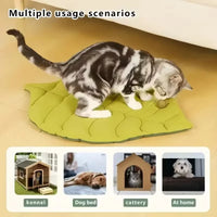 Thumbnail for A cat plays on a green Leaf Pattern Cat Sleeping Mat, with smaller images showing a kennel, dog, cat house, and small dog.