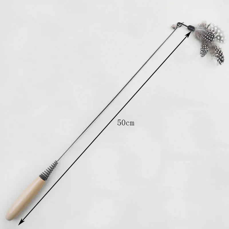 KittyNook Cat Co. Eco-Friendly Wood & Feather Cat Teaser has a 50cm length, wooden handle, wire, and feather lure.