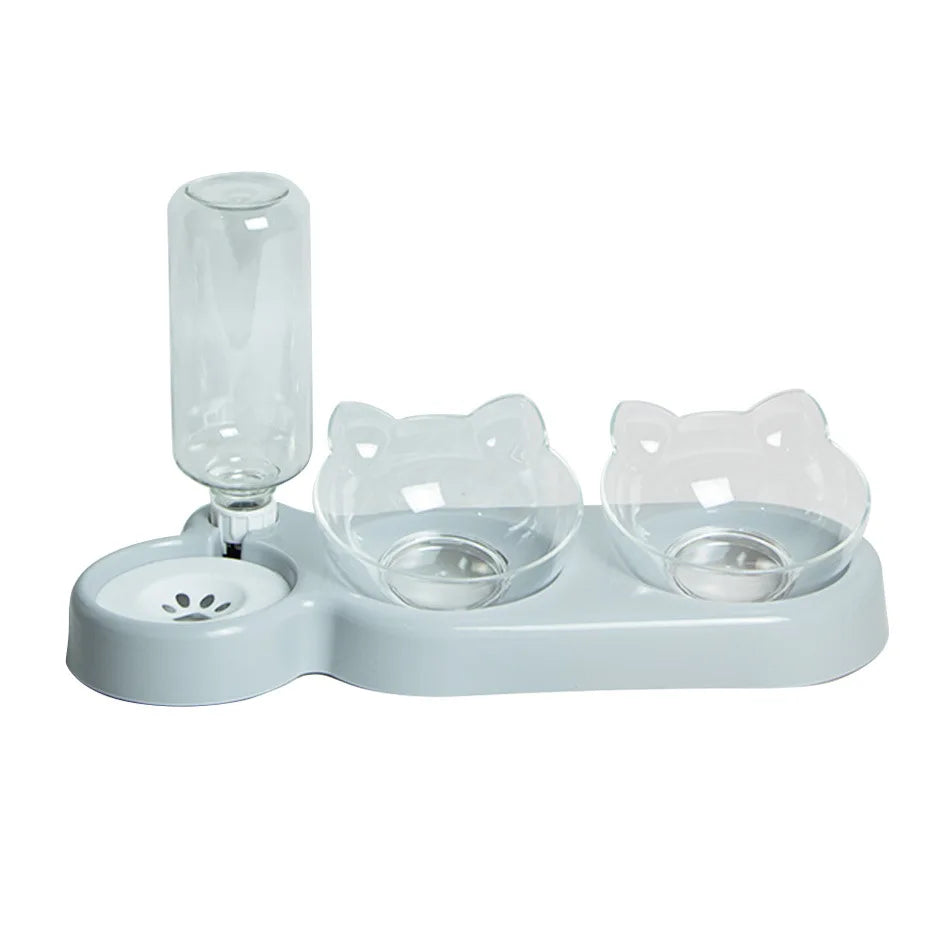KittyNook Cat Co. Automatic Water Renewal Cat Bowl with left-side bottle and cat-ear bowls, white color.