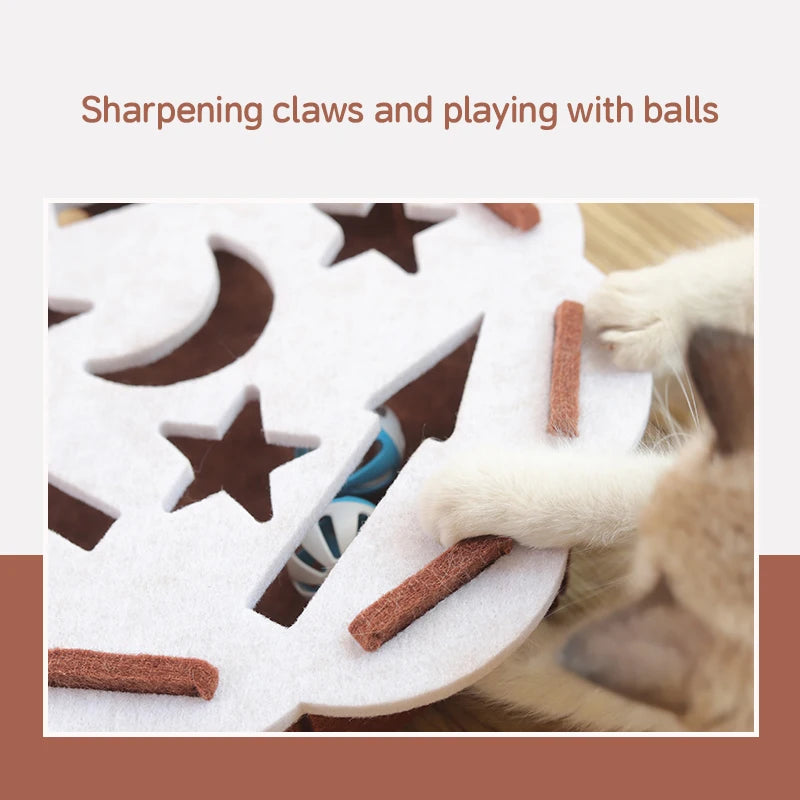 A cat enjoys The Ultimate Puzzle Box Toy by KittyNook Cat Co., featuring shaped openings and scratch posts for enrichment.