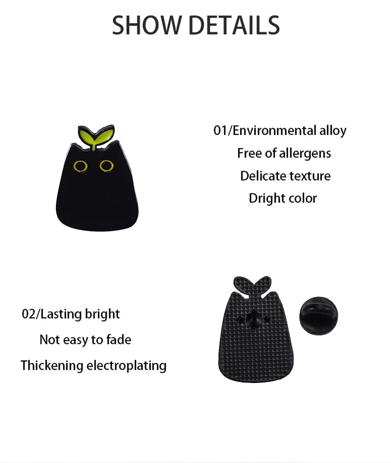 The KittyNook Cat Co. Black Cat Enamel Brooch is allergy-free, bright, durable, and features thick plating.