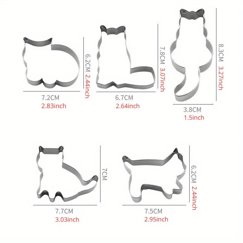 The KittyNook Cat Co. Cat Shape Cookie Cutter Set includes 5 stainless steel cutters arranged on a white background.