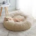 A small dog rests in the Warm & Soft Cat Sleeping Pod by KittyNook Cat Co. on a light-colored carpet.