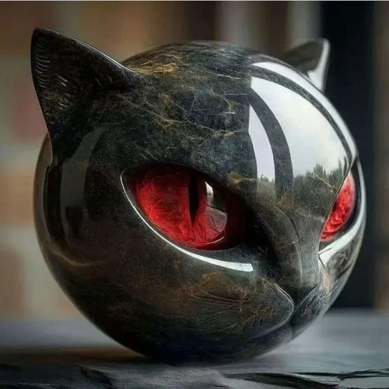 Eternal Cat Spirit Keepsake by KittyNook Cat Co.—a sleek cat head sculpture with glowing red eyes for memorial gifts.