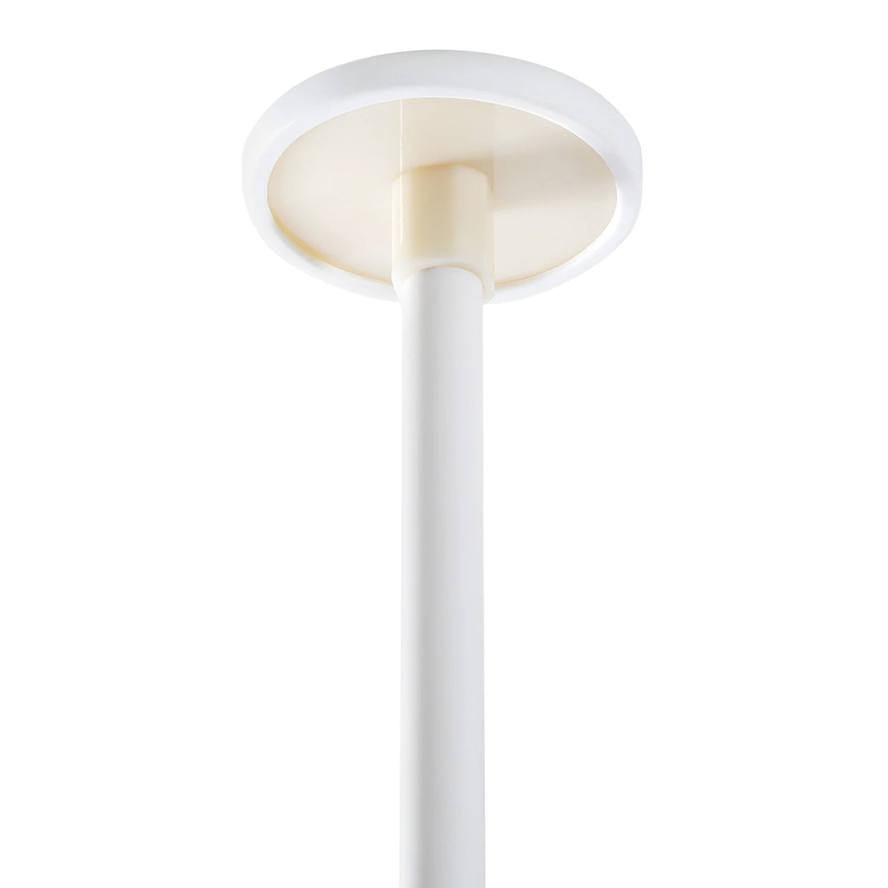 Close-up of a white ceiling-mounted pole from the Stylish Cat Climbing Tower by KittyNook Cat Co., viewed from below.