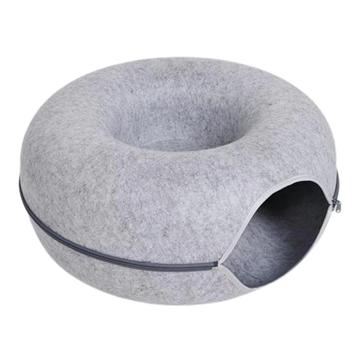 The Orbital Lounge & Play Tunnel Bed by KittyNook Cat Co. is a modern gray felt cat bed with zippered side opening.