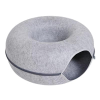 Thumbnail for The Orbital Lounge & Play Tunnel Bed by KittyNook Cat Co. is a modern gray felt cat bed with zippered side opening.
