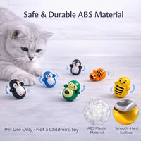 Thumbnail for A cat watches five colorful Cat Rolling Toy Set – Self-Rolling Interactive Cat Toys, with insets of pellets and a surface.