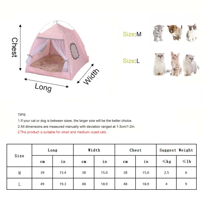 KittyNook Cat Co.'s Serene Petal Semi-Enclosed Indoor Cat Tent includes a size chart, cat photos, and measurement diagram.